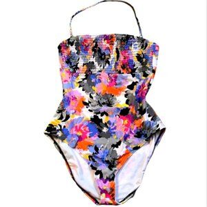 Kenneth Cole Smocked Bandeau One-Piece Halter Swimsuit Floral XL #60K